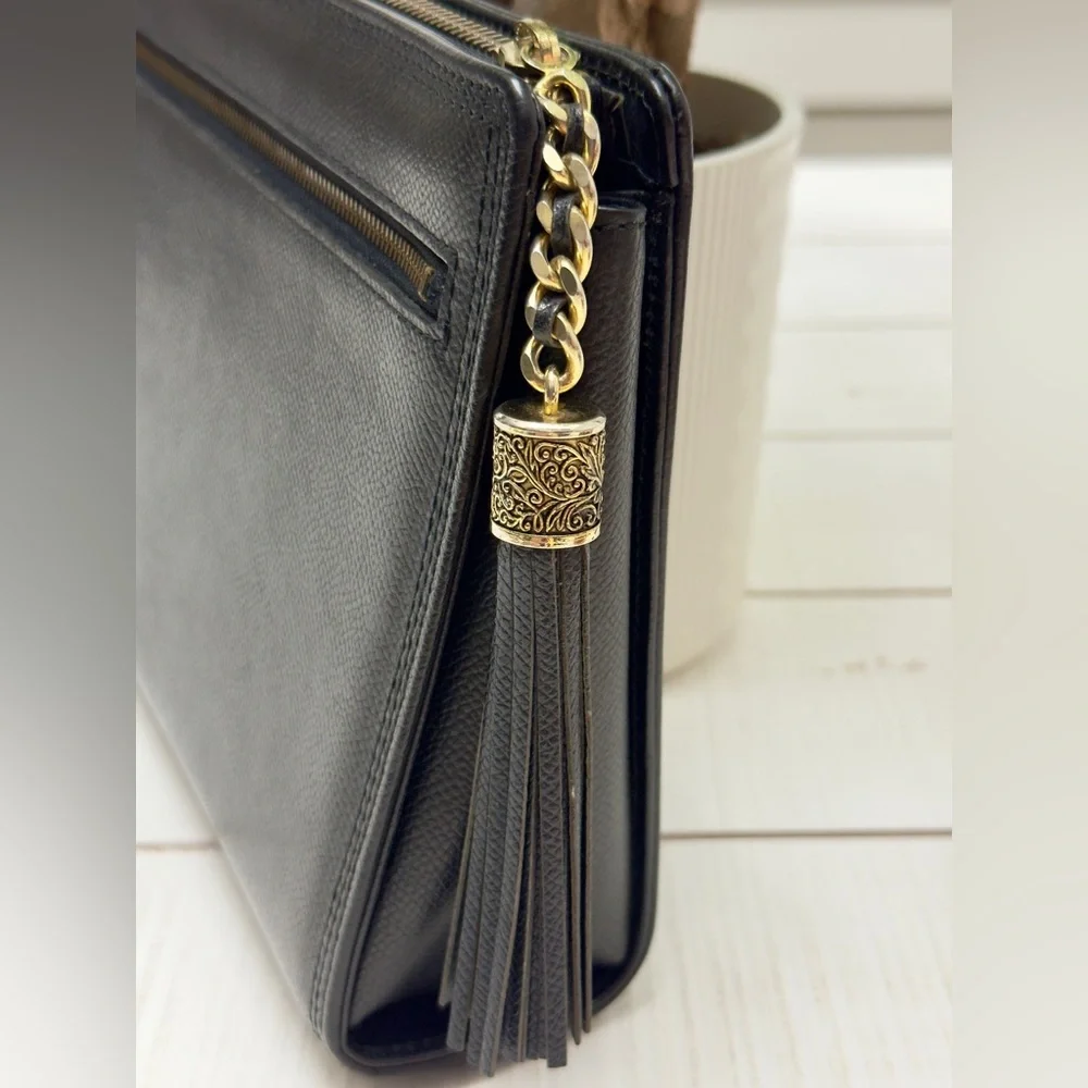 New Vintage VLTN Black Leather Clutch w Tassel - Picture 9 of 10